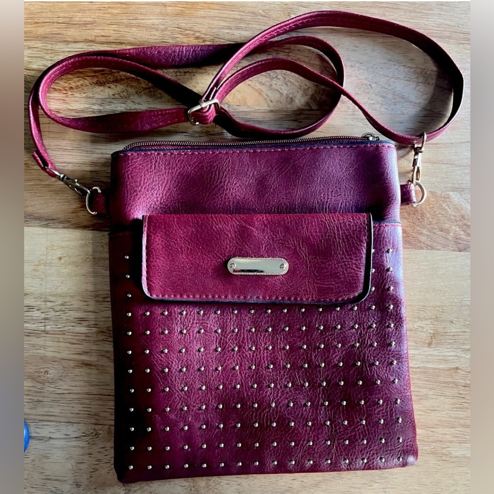 Avenue Nine Burgundy Crossbody Bag Gold Studs Faux Leather Small Purse